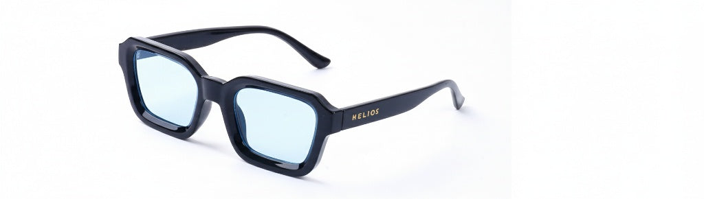 Sunglasses with a blue tint on a white background