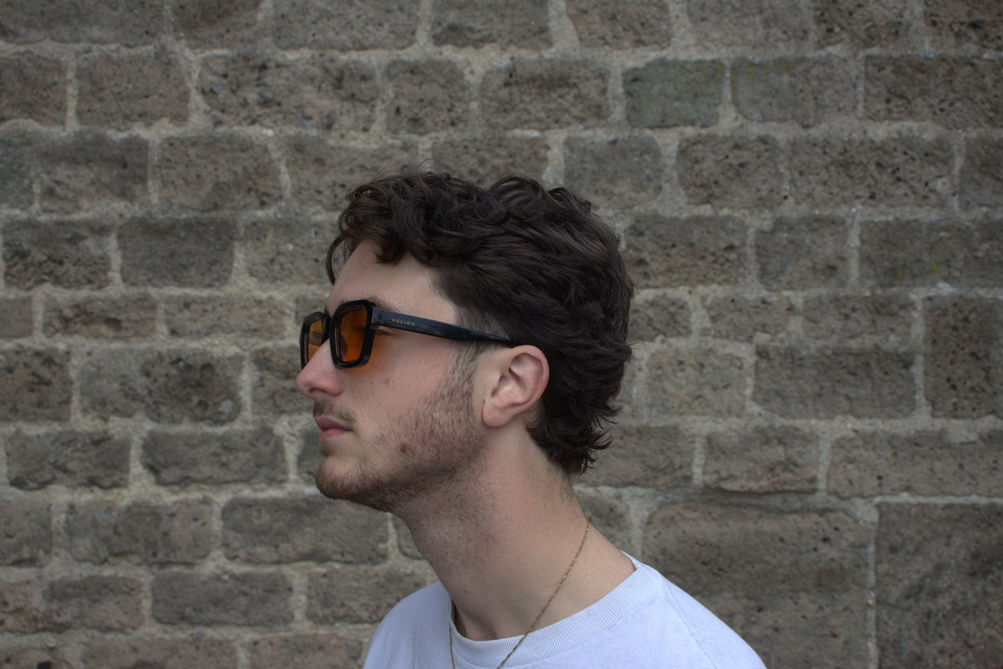 Man wearing sunglasses with a brick wall background